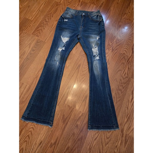 Denim - Womens Flared Jeans Distressed‎ Ripped Blue Denim Bell Bottoms Size Medium